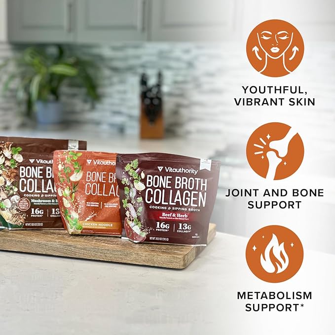 Vitauthority Bone Broth Collagen Delicious Chicken Noodle Flavored - Packed with 16g of Protein & Types I, II, III - Nourishes Skin, Hair, Nails, Joints, & Gut - Beef BoneBroth