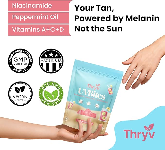 UVBites - Tanning Gummies - Self Tan Supplement - Tanning Pill - Fast Acting & Debloating Melanin Supplement with Beta Carotene, Astaxanthin, Niacinamide - Glow Up Skin (60 Count, Pink Lemonade)