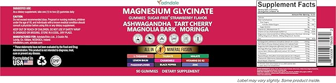 Adndale Magnesium Glycinate 400 mg Gummies with Ashwagandha, Magnesium Malate & Taurate, Tart Cherry, Magnolia Bark, Lemon Balm, Passionflower, Chamomile, L-Theanine, Zinc, Vitamin K2 & D3. 180CT