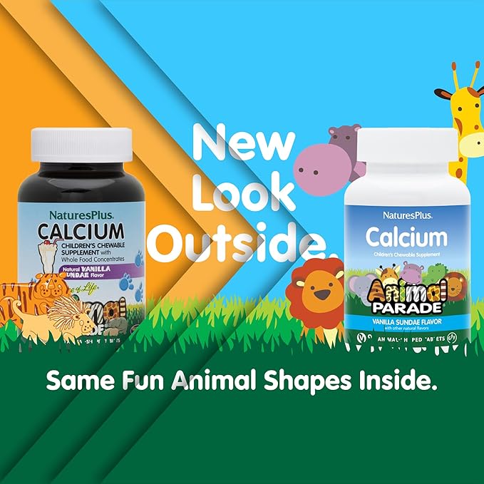 NaturesPlus Animal Parade Calcium, Vanilla Sundae Flavor - 135 Animal-Shaped Chewable Tablets - Vegan, Gluten Free - 45 Servings