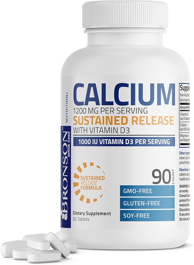Bronson Calcium 1200 MG Per Serving Sustained Release with Vitamin D3 1000 IU Vitamin D3 Per Serving Non-GMO, 90 Tablets