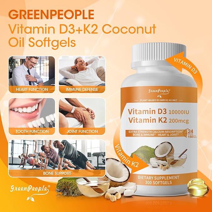 GREENPEOPLE K2 D3 Vitamin Supplement, Vitamin D-3 & K-2 MK-7, 10,000 IU/200 mcg, with Virgin Non-GMO Coconut MCT Oil | 300 Vegan Softgels | Bone Health, Immune Support