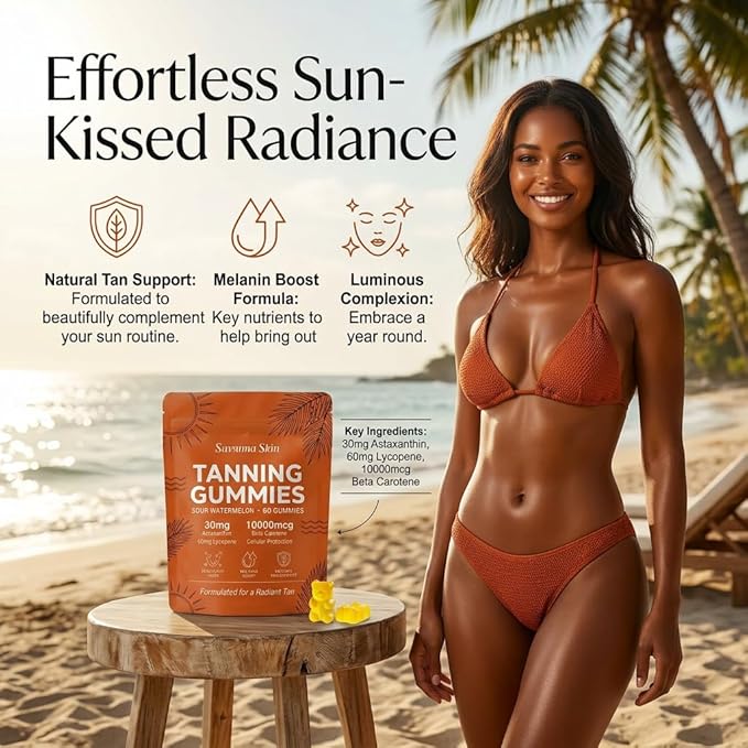 Savanna Skin Sunless Tanning Gummies for Natural Bronze Glow - with Beta Carotene, Vitamin C & E - Vegan & Sugar-Free Skin Hydration Supplement - 60 Count