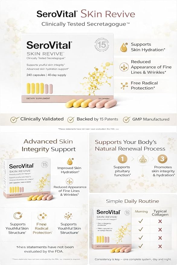 Serovital Skin Revive – Anti-Aging Supplement for Women – Supports Skin Hydration, Energy, Immune Health & Fine Line Reduction – 240 Capsules – 40-Day Supply