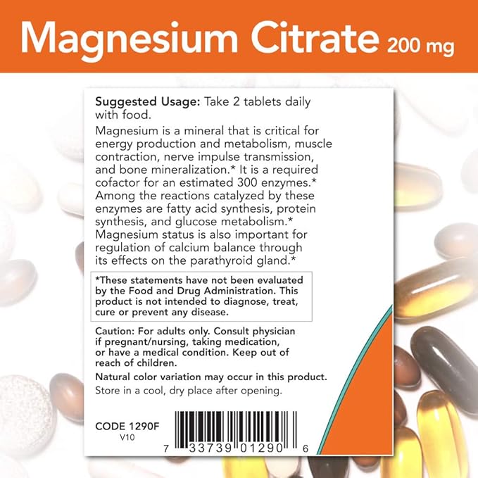 NOW Foods Magnesium Citrate 200 mg Tabs, 100 Count (Pack of 1)