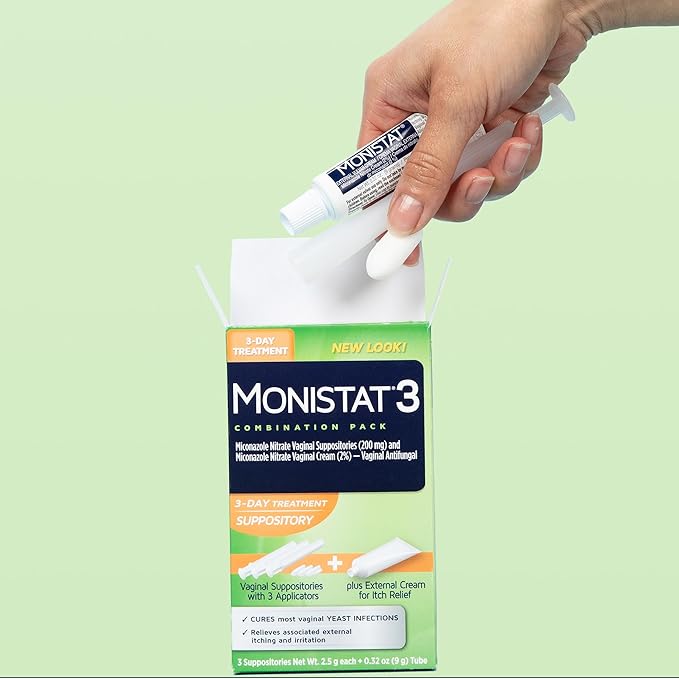 Monistat 3-Day Yeast Infection Treatment for Women, 3 Miconazole Vaginal Suppositories & External Itch Relief Cream (9g Tube) Combo Pack
