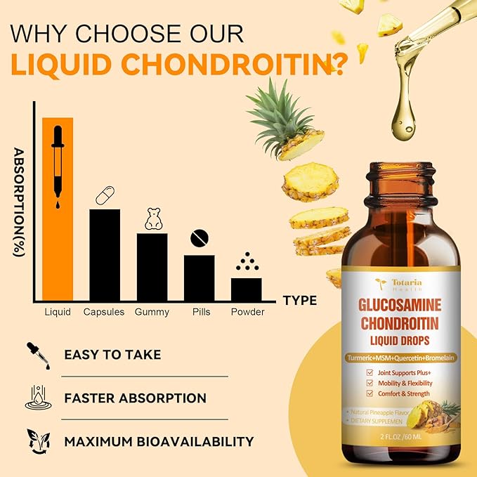 Totaria Glucosamine Chondroitin MSM Liquid Drops FSA-HSA - Joint Support Supplement for Mobility, Flexibility & Bones Chondroitin Sulfate Supplement Turmeric, Quercetin, Bromelain, MSM Oil 2 FL.OZ