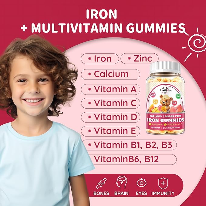 Iron Supplement Gummies for Kids - with Calcium, Zinc, Kids Multivitamin with Iron Gummies - Immune Support, Blood Builder & Energy Support for Iron Deficiency, Anemia, Peach & Mango Flavor, 60 Count