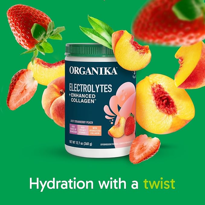 Organikа Electrolytes with Enhanced Collagen Powder for Women & Men - 13 oz - Strawberry Peach-Flavored Effervescent Electrolyte & Collagen Drink Mix - Deep Hydration, Mobility, Skin, Hair, & Nails