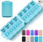 Foldable Weekly Pill Organizer 2 Times a Day with 2 Extra Compartments (Clear Printed Labels) - Portable 7 Day AM PM Medicine Box, Week Daily Travel Pill Case Holder for Vitamin, Supplement - Sky Blue