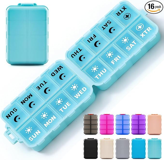 Foldable Weekly Pill Organizer 2 Times a Day with 2 Extra Compartments (Clear Printed Labels) - Portable 7 Day AM PM Medicine Box, Week Daily Travel Pill Case Holder for Vitamin, Supplement - Sky Blue