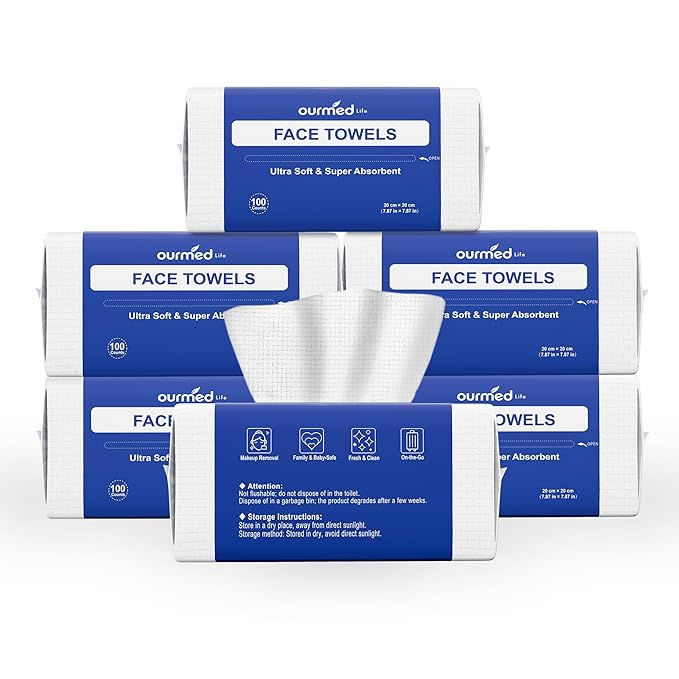 Ourmed Life Face Towels, Disposable Biodegradable Clean Facial Towels for Sensitive Skin, Lint- free Face Cloths for Makeup Remover, Skincare and Women Cleaning, Dry Wipes,600 Count EF Texture