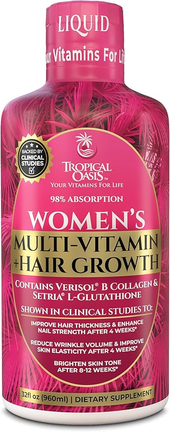 Tropical Oasis Women's Liquid Multivitamin + Hair Growth | Clinically Tested for Thicker Hair, Wrinkles, Brighter Skin, Strong Nails | 2.5g Verisol Collagen | Biotin 12500mcg | 32 Serv