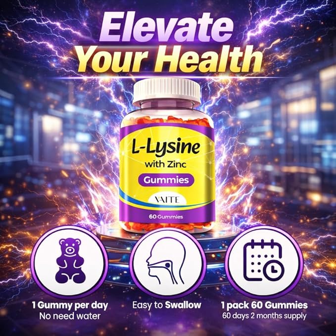 VAITE L Lysine Gummies 1000mg with Zinc - Supports Skin, Lip, Vegan, Gluten Free, 60 Chewable L-Lysine for Adults, Vitamins Tissue Health & Immune System, Amino Acid & Complex Supplements, Non-GMO