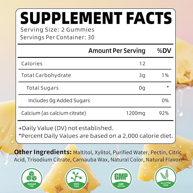 Pack of 2 Calcium Citrate Gummies 1200mg, Chewable Calcium Supplements for Women & Men, Sugar Free Calcium Gummies for Bone, Muscle & Immune Support, Pineapple Flavor, 120 Count