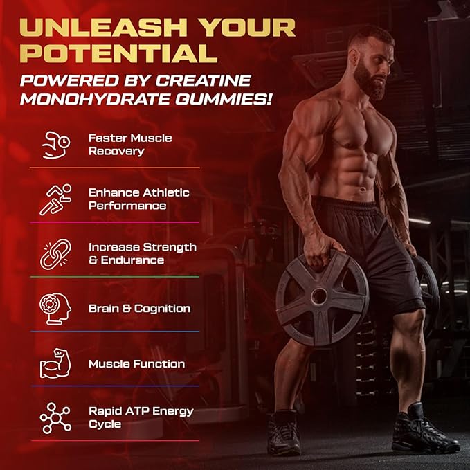 KUKALY Creatine Monohydrate Gummies for Men & Women, 9000MG Creatine Gummies Sugar Free with L-Taurine, BCAA 2:1, B12 B6 for Boost Strength, Focus & Endurance, Vegan, Non-GMO, Strawberry 120*2 Bottle
