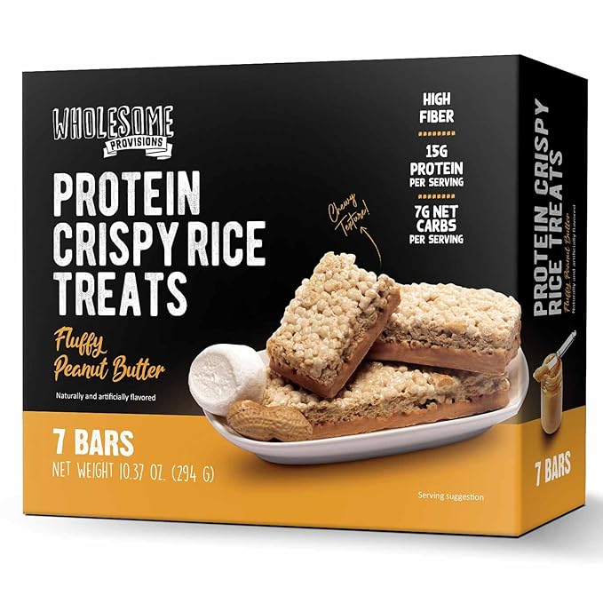 Protein Crispy Rice Treats, 15g Protein, 3g-7g Net Carbs, Low Carb, Fluffy, Soft, Chewy, Gluten Free, High Fiber, Keto-Friendly, No Aftertaste (Fluffy Peanut Butter, 1 Pack)