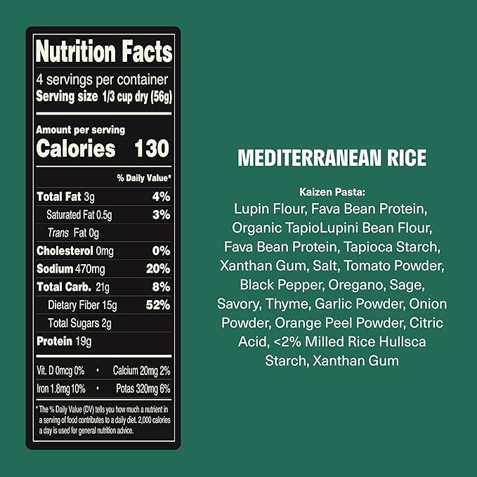 Kaizen Mediterranean Protein Rice, 20g Protein, Low Carb (6g Net Carbs), Keto-Friendly, Gluten-Free, Made with Plant-Based Lupini Beans, High Fiber, 8 Ounce, Pack of 3