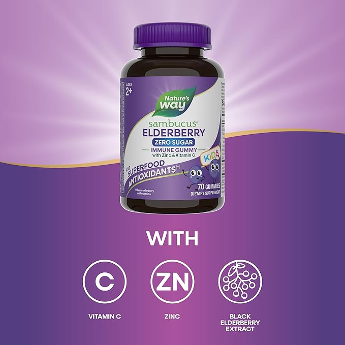 Nature's Way Sambucus Zero Sugar Elderberry Immune Gummies for Kids, Immune Support*, with Vitamin C, Zinc, Black Elderberry Extract, 70 Count (Packaging May Vary)