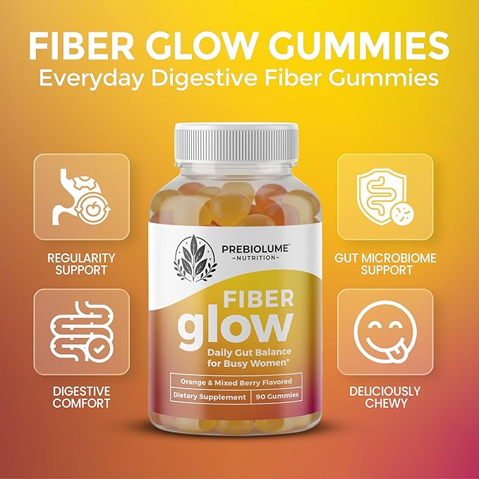 Fiber Glow Gummies – Prebiotic Fiber Gummies for Adults with Chicory Root for Digestive Health, Regularity & Gut Wellness - Vegetarian, Non-GMO, Orange & Mixed Berry Flavored, 60 Count