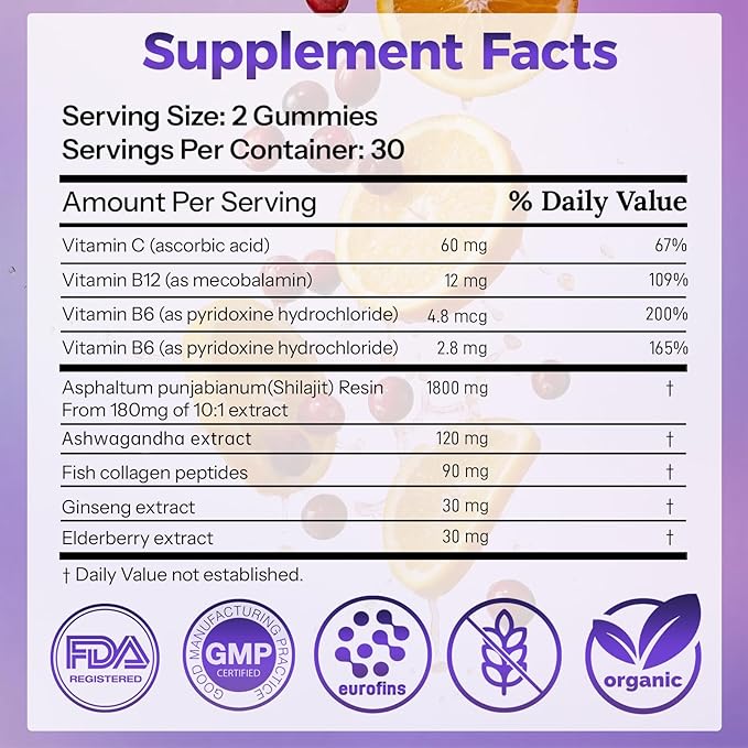Natural Shilajit Gummies | 8-in-1 Complex with Ashwagandha, Ginseng & Collagen | 50% Fulvic Acid & 85+ Trace Minerals | Energy, Stress & Immune Support | Cranberry Flavor 60ct