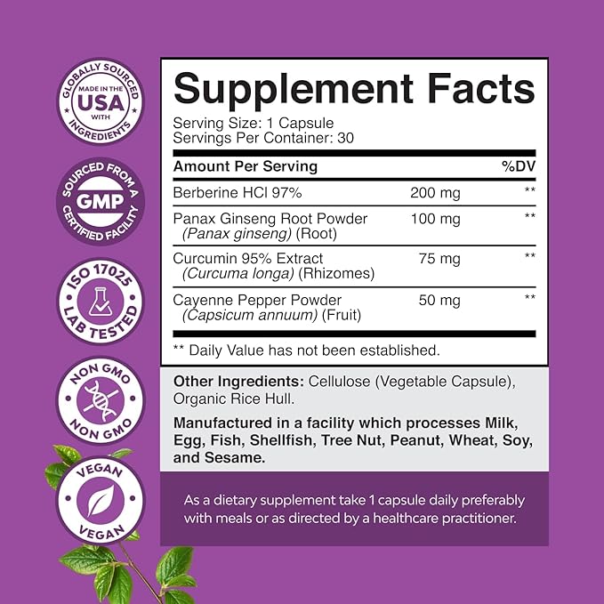 GLP-1 Berberine Supplement - One a Day Healthy Gut Berberine Complex with Panax Ginseng Turmeric Curcumin & Cayenne Pepper for Metabolic Balance - Gluten Free Vegan and Non-GMO - 30 Count - 2 Pack
