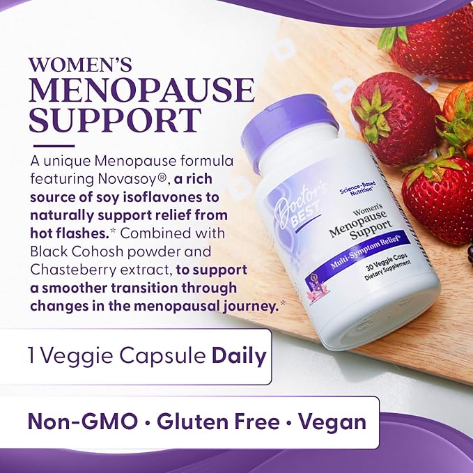 Doctors Best Womens Menopause Support (Soy Isoflavone, Black Cohosh, Chaste Tree), Multi-Symptom Relief, Non-GMO, Gluten Free, Vegan 30 Veggie Caps