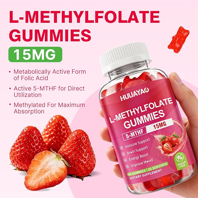 L-Methylfolate 15 mg Gummies, Methylfolate Supplement, Folate 5-MTHF Supplement for Support Mood, Brain Health, Immune System, Sugar Free, Strawberry Flavor, 60 Count