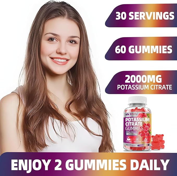 Potassium Citrate Gummies 2000mg, High Potency Electrolyte Gummies, Potassium Supplement with Magnesium glycinate, Zinc, Vitamin C D3 K2, for Electrolyte Balance, Leg Cramps, Muscle Support, 60 Chews