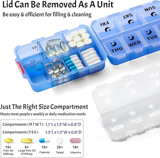 Foldable & Portable Weekly Pill Organizer 2 Times a Day with Clear Printed Labels - 7 Day AM PM Medicine Box, Week Daily Travel Pill Case Holder for Medications, Vitamin, Supplement - Clear Blue