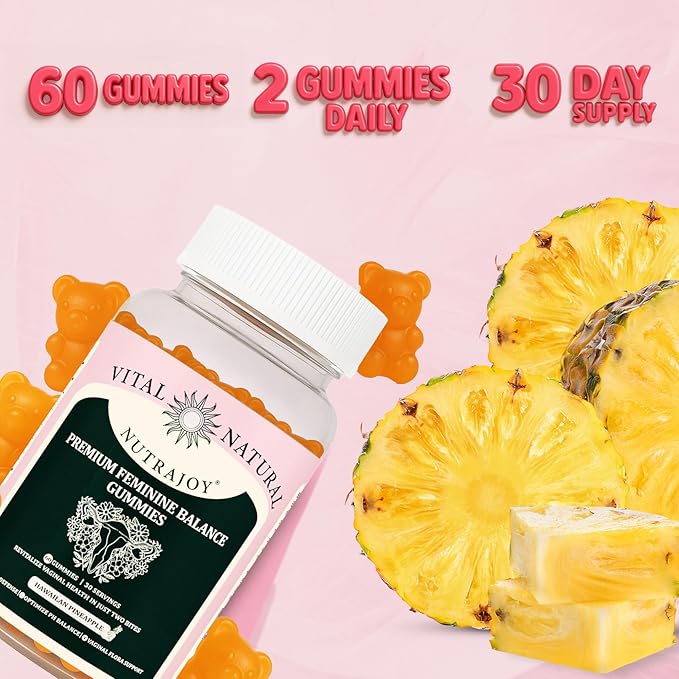 Premium Feminine Balance Gummies, for Women's Ph Health, Vaginal Wellness Support, Immune Support, Energy Support, Hawaiian Pineapple, Vegan Gluten-Free, 60 Gummies
