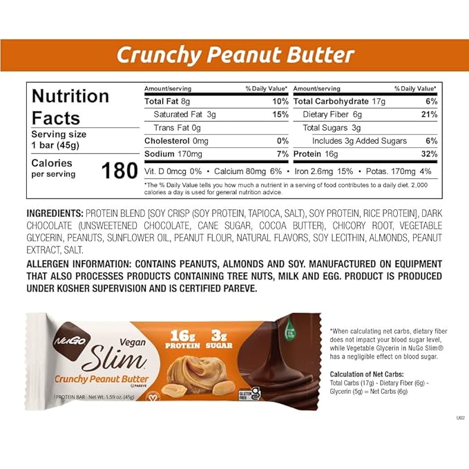 Nugo Slim Dark Chocolate Crunchy Peanut Butter, 16g Vegan Protein, 3g Sugar, 7g Fiber, Low Net Carb, Keto Friendly, Gluten Free, 24 Count
