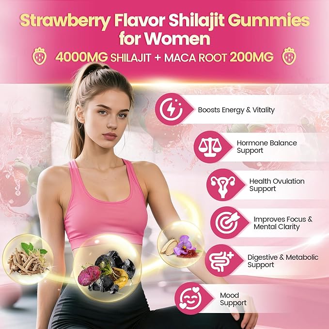 Shilajit for Women Gummies, micronutrient Supplement, Pure Himalayan Shilajitn, Contains Tongkat Ali, Ashwagandhaa, Turmeric, Saffron for hormonal Balance & Energy | Strawberry Flavor (60 Gummies)
