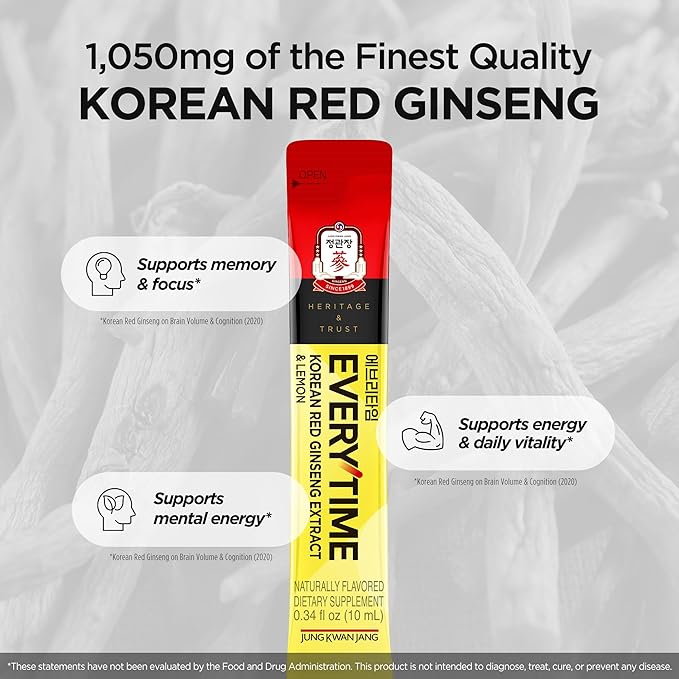 JUNG KWAN JANG Everytime Korean Red Ginseng Extract Stick 1,050mg & Lemon - Vegan Ginseng Root Energy Drink Liquid Stick Supplements - Builds Stamina & Immunity, No Caffeine Non-GMO (30 Sticks)