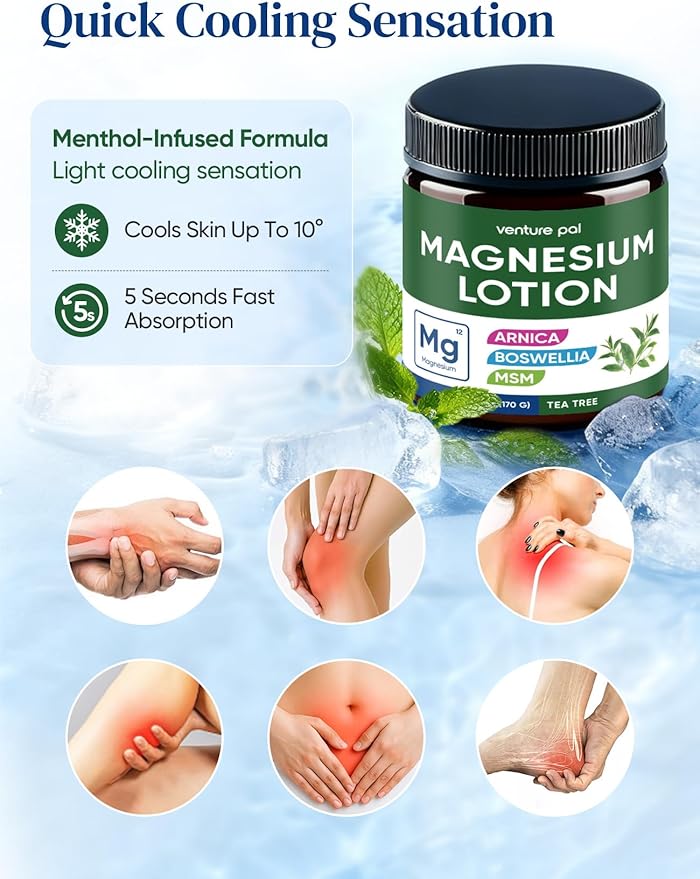 Magnesium Lotion with Arnica, MSM & Boswellia – Cooling Magnesium Cream – Lightweight Moisturizing Lotion for Legs & Feet – Safe for Kids – 6 fl oz
