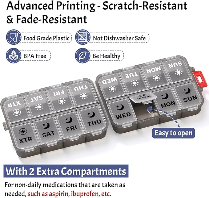 Foldable Weekly Pill Organizer 2 Times a Day with 2 Extra Compartments (Clear Printed Labels) - 7 Day AM PM Medicine Box, Week Daily Travel Pill Case Holder for Vitamin, Supplement - Clear Black