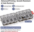 Foldable Weekly Pill Organizer 2 Times a Day with 2 Extra Compartments (Clear Printed Labels) - 7 Day AM PM Medicine Box, Week Daily Travel Pill Case Holder for Vitamin, Supplement - Clear Black