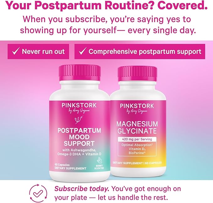 Pink Stork Postpartum Mood Support - Postnatal Hormone Balance for Women - Breastfeeding Friendly New Mom Essentials - Ashwagandha, Chamomile, & Vitamin D - Stress & Mood, 60 Capsules