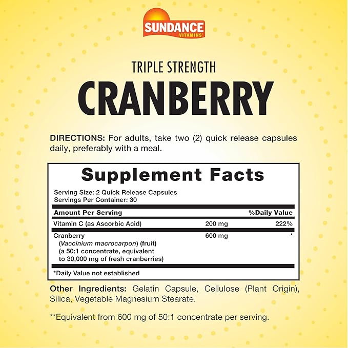 Sundance Cranberry Supplement | 60 Capsules | Plus Vitamin C | Triple Strength | Non-GMO and Gluten Free Formula