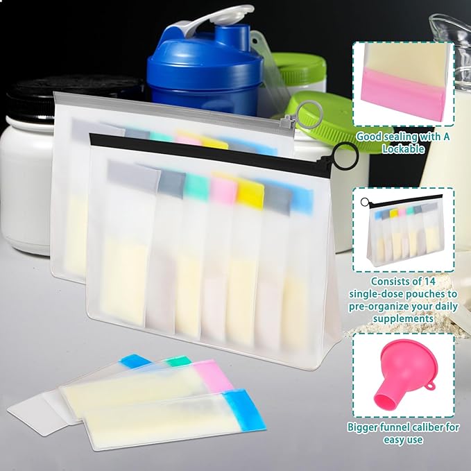 MUOUAKATE Protein Powder Travel Container Set - Reusable Powder Supplement Container to Go - 14pc Single Dose Bags and 2pc Large Travel Containers Zip Up Bags