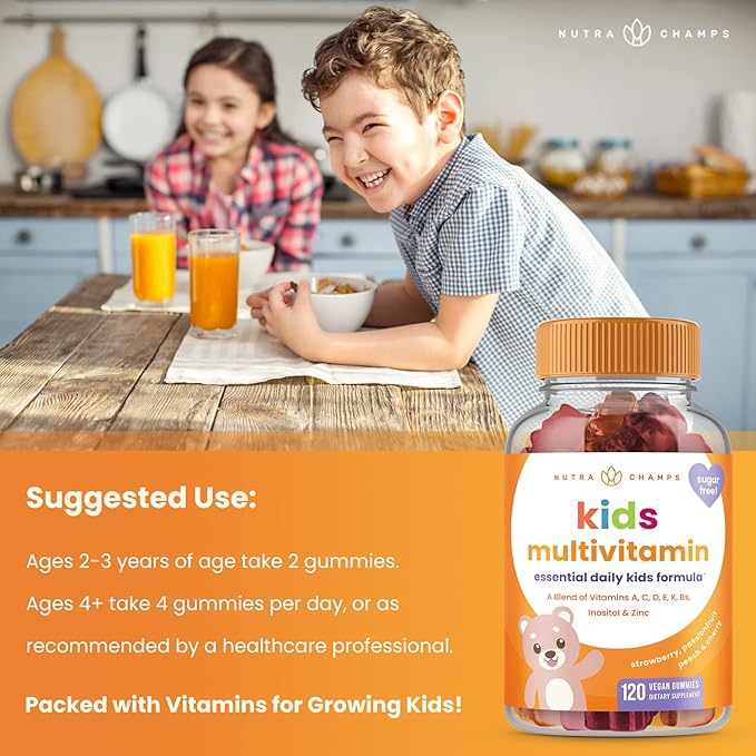 NutraChamps Kids Multivitamin Gummies | Sugar Free 120 Gummy Vitamins for Kids | Vegan & Non-GMO | Strawberry, Passionfruit, Peach & Cherry