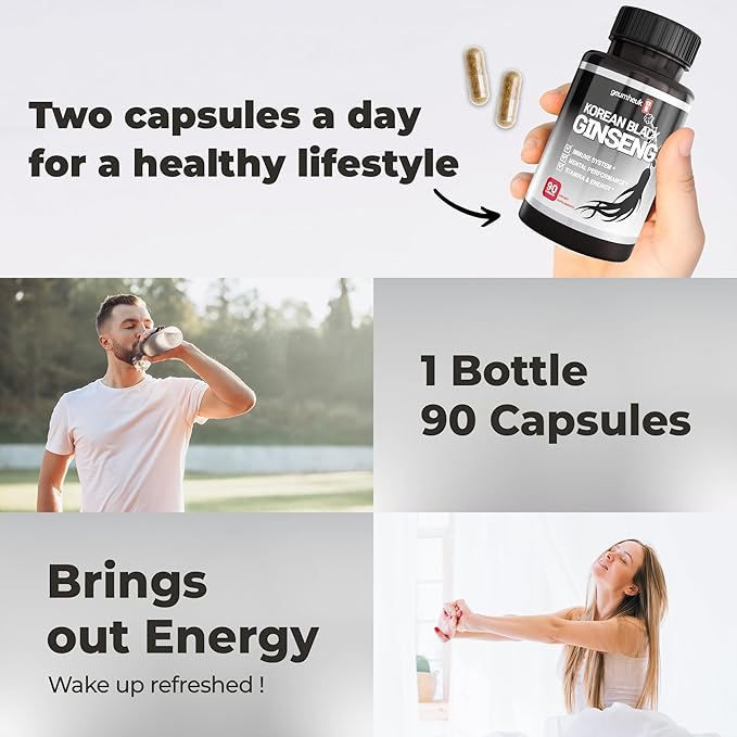 GeumHeuk Korean Black Ginseng Capsule 1000mg Supplement - Non GMO, High Ginsenosides, High Absorption Rate, Enhance Immunity, Metal Performance, Stamina & Energy, Men & Women - 90 Vegan Capsules