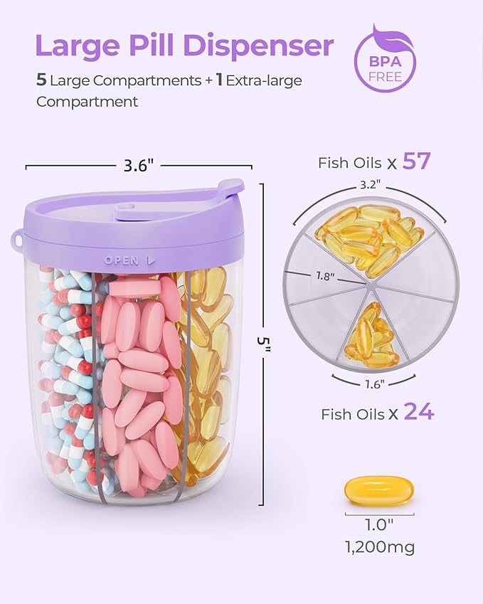 AMOOS Large Pill Dispenser with 6 Compartments, Anti-Mix Pill Bottle Organizer with Wide Opening & Easy Retrieval, Vitamin Organizer for Travel, BPA-Free Pill Box with a Strap, Purple