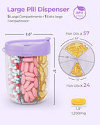 AMOOS Large Pill Dispenser with 6 Compartments, Anti-Mix Pill Bottle Organizer with Wide Opening & Easy Retrieval, Vitamin Organizer for Travel, BPA-Free Pill Box with a Strap, Purple