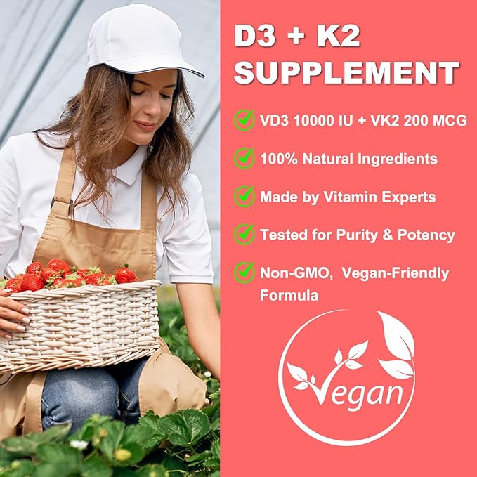 Sugar Free Vitamin D3 K2 Gummies - Vitamin D Gummies with VD3, VK2, 7 Essential Vitamins - Supports Bone, Muscle, Teeth & Immune - Vegan, Non-GMO, Strawberry Flavor, 60 Count