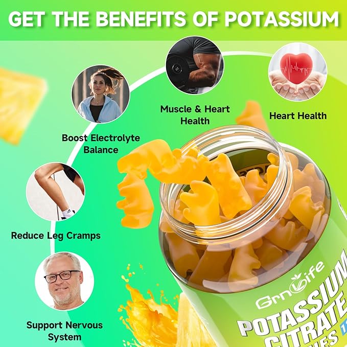 Potassium Citrate Gummies, High Potassium Supplement Gummies 1200mg Support Leg Cramps & Muscle Health, Vegan, Pineapple Flavor 60 Count