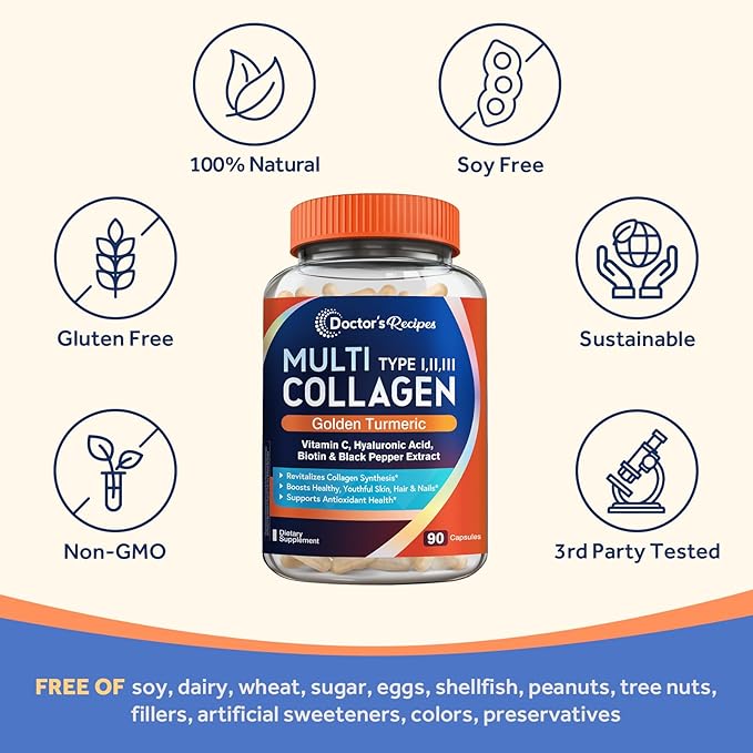 Doctor's Recipes Multi Collagen Peptides with Golden Turmeric, Vitamin C, Biotin, Hyaluronic Acid & Black Pepper, Collagen Supplements for Skin, Hair, Nail, Collagen for Women and Men, 90 Caps