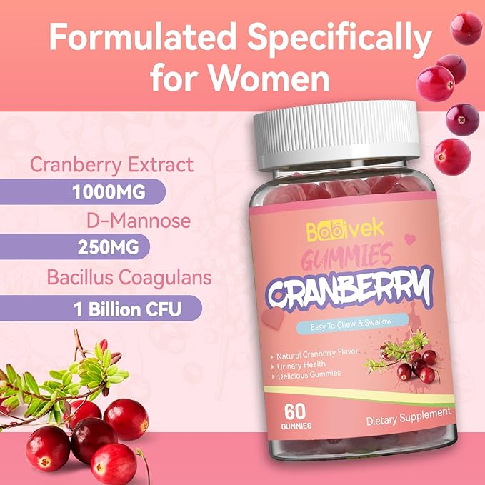 Cranberry Gummies 1000mg, Supplements for Women, with D-Mannose 250mg, Womens Probiotic Gummies, Urinary Tract Health, Cranberry Flavor, NO GMOs, 60 Count(Pack of 2)