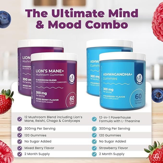 DR. MORITZ Ashwagandha + Lions Mane Mushroom Gummies Bundle – 120 Count Each – Sugar-Free, Non-GMO – with L-Theanine – Ashwagandha for Men & Women – Supports Calm, Focus, Relaxation & Immune Health
