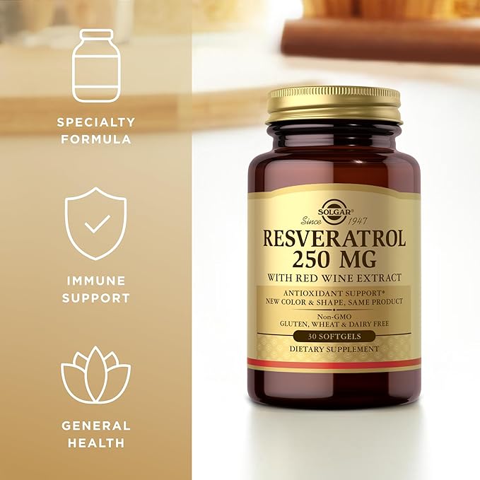 Solgar Resveratrol 250 mg with Red Wine Extract - 30 Softgels - Antioxidant Support - Non-GMO, Gluten Free, Dairy Free - 30 Servings